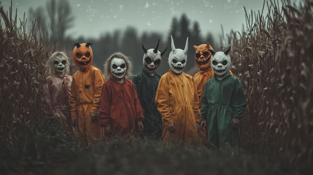 Seven children stand in a row wearing eerie Halloween costumes, their faces hidden by scary masks. They are positioned in a dimly lit cornfield, a spooky backdrop for their menacing appearance. The image evokes a sense of mystery and perhaps a hint of danger, adding to the overall eerie ambiance.