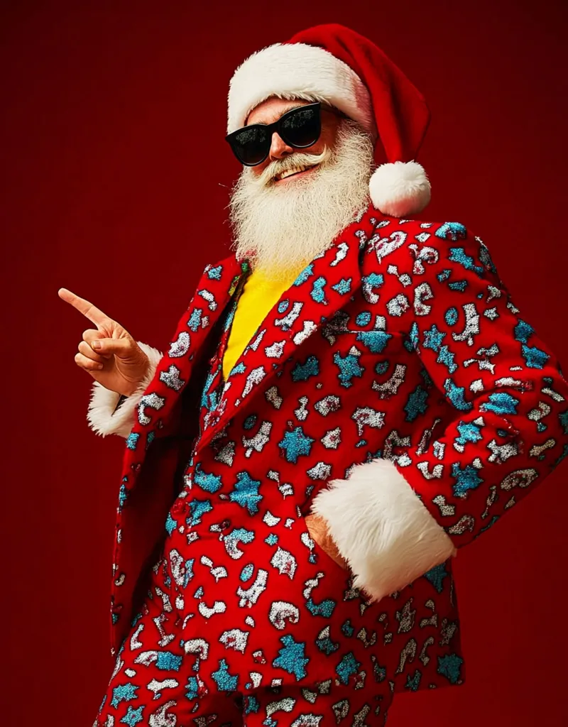 A man dressed as Santa Claus is wearing a red and blue patterned suit with a white fur trim. He is wearing black sunglasses, a white beard, and a white Santa hat. He is smiling and pointing to his left. The background is a solid red.  He looks festive and whimsical.