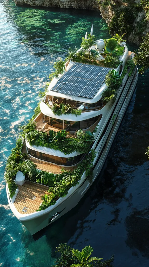 A luxurious yacht with a lush, green garden covering its deck and roof, features a solar panel array for power. The boat is docked in a calm, turquoise bay, surrounded by greenery. The overall design creates a seamless blend of nature and technology.