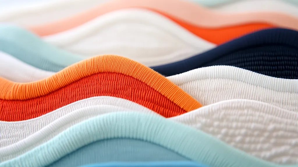 A close-up shot of a stack of fabric, showcasing a vibrant orange, white, blue, and black color palette. The fabric is folded into a wave-like pattern, revealing intricate stitch details. The image captures the tactile texture and visual appeal of woven materials.