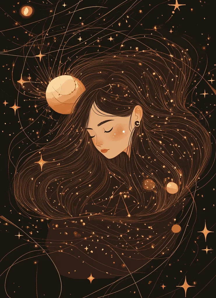 The image is a digital illustration of a woman with long, dark hair that flows like a galaxy, filled with stars and planets. Her face is serene with her eyes closed, creating a dreamy and ethereal atmosphere. The gold and brown color palette emphasizes the celestial theme, suggesting a connection to the universe.  The background is a dark, starry sky with shimmering lights, adding depth and wonder to the composition. The overall feel is one of peace and tranquility, as if the woman is lost in the beauty of the cosmos.