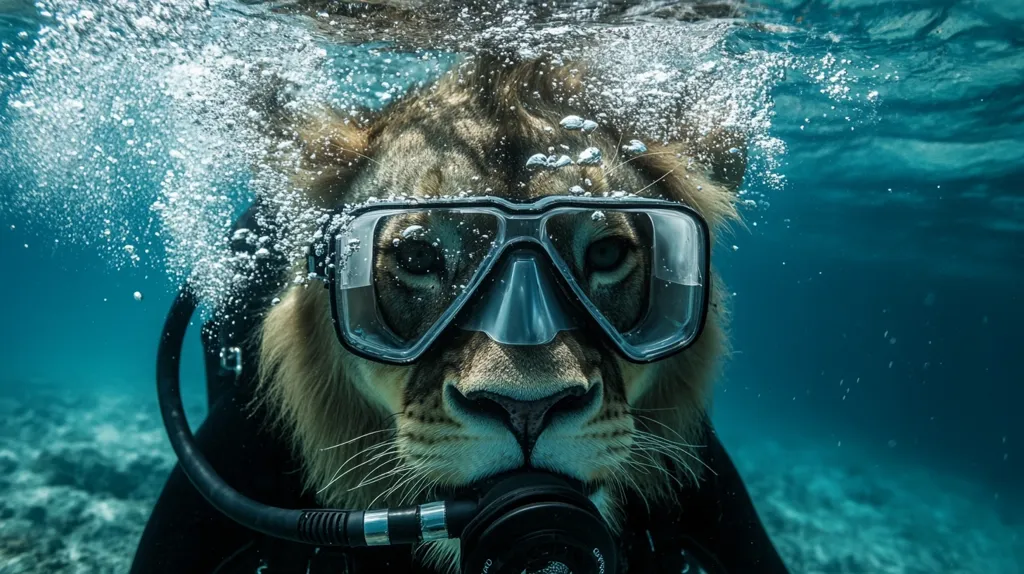 A lion with a diving mask and scuba gear is underwater. The lion is looking at the camera with a serious expression. The water is clear and blue. There are bubbles coming up from the lion's mouth. The lion's fur is wet and matted.  The sea floor is visible in the background.