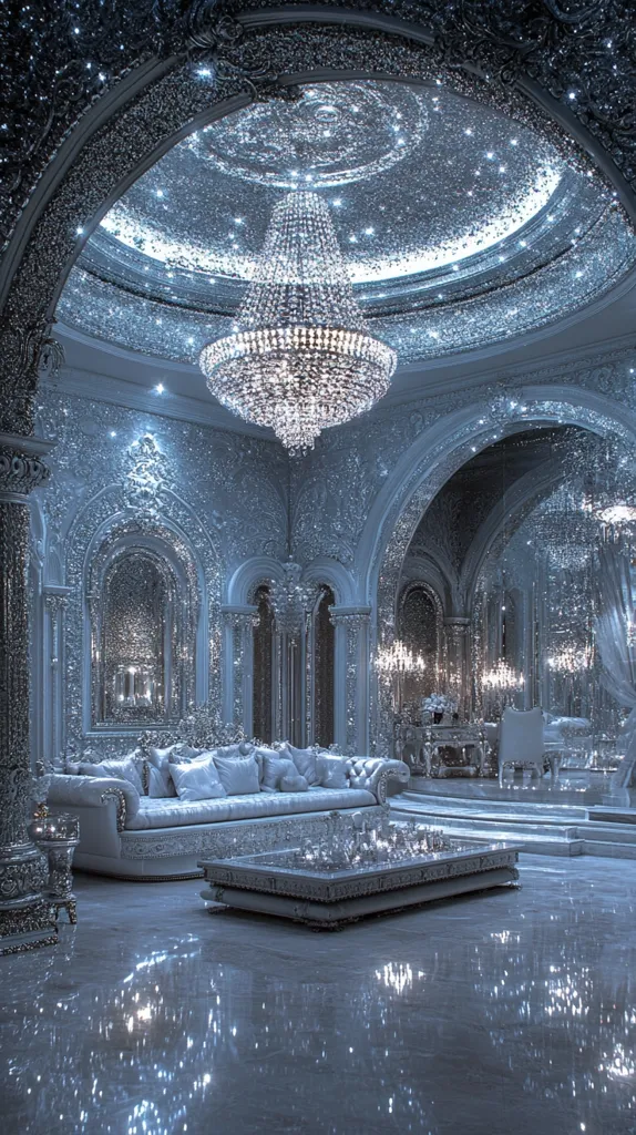 A grand, opulent room with a shimmering, silver ceiling adorned with intricate details. A massive crystal chandelier hangs from the center of the room, casting sparkling reflections on the walls. A white sofa with plush cushions rests in the middle of the room, facing a large glass-topped coffee table. The entire room is bathed in a soft, ethereal glow, creating a magical and luxurious ambiance.