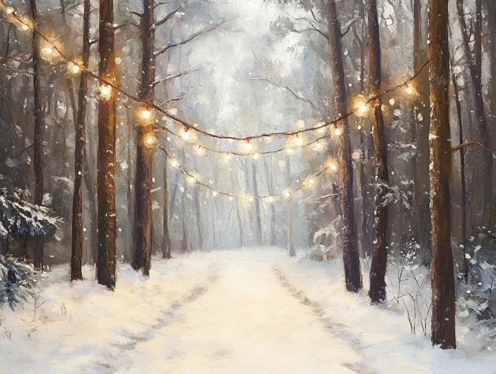 A snowy path winds through a forest, illuminated by strings of twinkling lights strung between the bare trees.  The scene is painted with a soft, dreamlike quality, with a gentle snowfall adding to the peaceful ambiance. The warm glow of the lights contrasts with the cool tones of the winter landscape, creating a magical atmosphere.