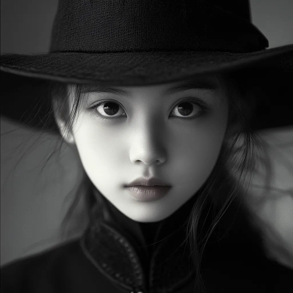 A young girl with dark hair wears a wide-brimmed hat that casts shadows across her face.  The photo is in black and white, emphasizing the sharp contrast of the hat against her pale skin. Her eyes are large and expressive, with a hint of sadness. The image evokes a sense of mystery and intrigue.