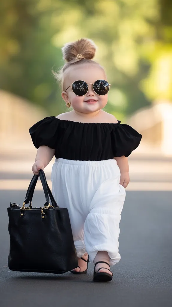 A young girl with a cute bun in her hair and large sunglasses is walking down the street. She's wearing a black off-the-shoulder top and white pants and carrying a black purse. Her expression is playful and confident. The background is a blurry green and yellow, suggesting an outdoor setting. The image captures the innocence and charm of childhood.