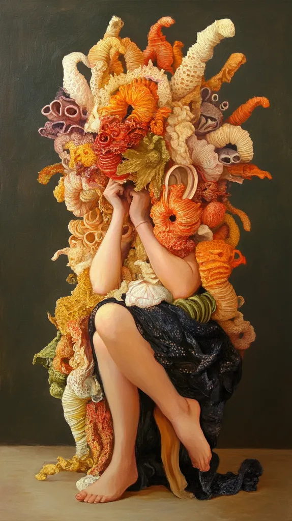 A woman is depicted sitting, with her face and most of her upper body obscured by a large, intricate mass of brightly colored, coral-like formations. The coral appears to be made of various materials, including fabric, yarn, and possibly even some natural elements. Her legs, bare and smooth, are visible, and she is wearing a dark blue garment. The painting is stylized and surreal, giving the viewer a feeling of mystery and intrigue.