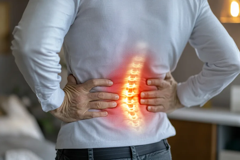 A person is shown from the waist up, wearing a white shirt and jeans. They are holding their lower back with both hands, and a glowing image of their spine is superimposed over the image. The glow is red and orange, suggesting pain.  The image conveys the feeling of lower back pain.