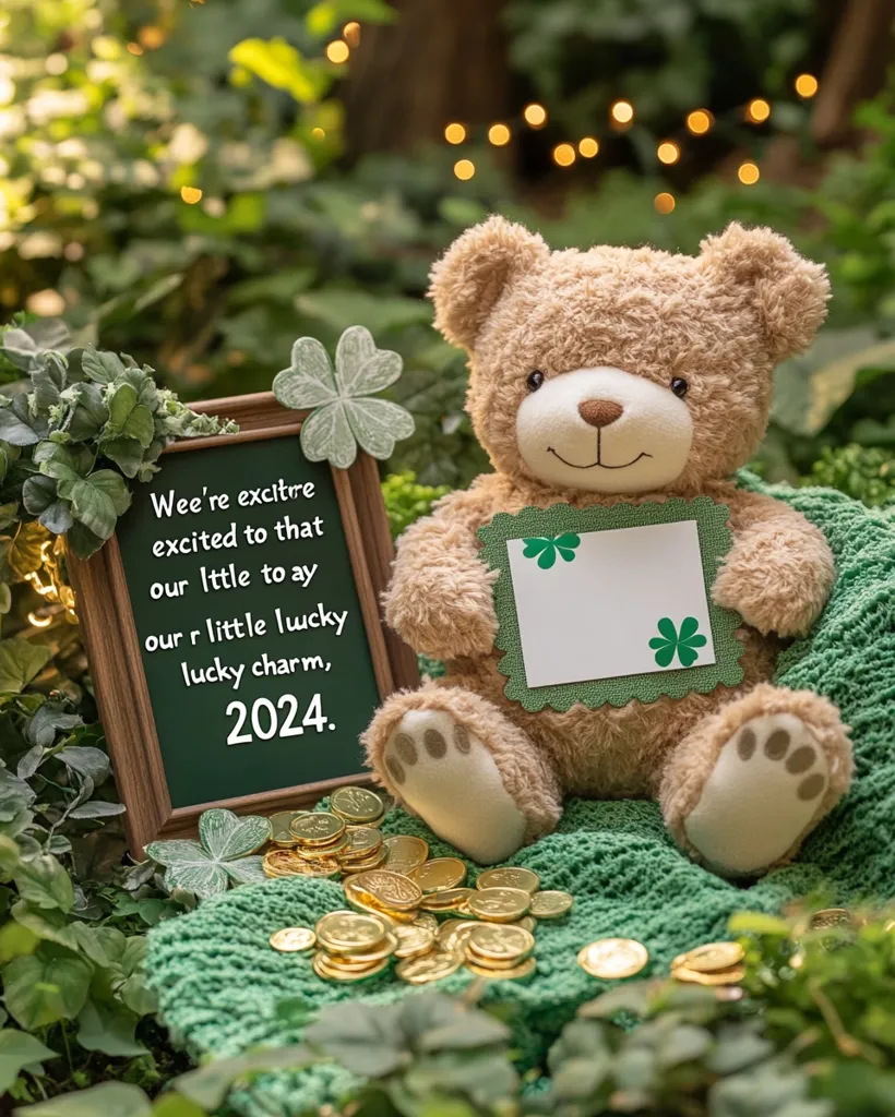 A teddy bear with a friendly expression sits on a green knitted blanket surrounded by gold coins and shamrocks.  The bear holds a white card with a green shamrock on it. A chalkboard behind the bear reads "We're excite to that our little to ay our little lucky lucky charm, 2024."  The scene suggests a celebration of luck and good fortune.  The soft lighting and lush greenery create a warm and inviting atmosphere.