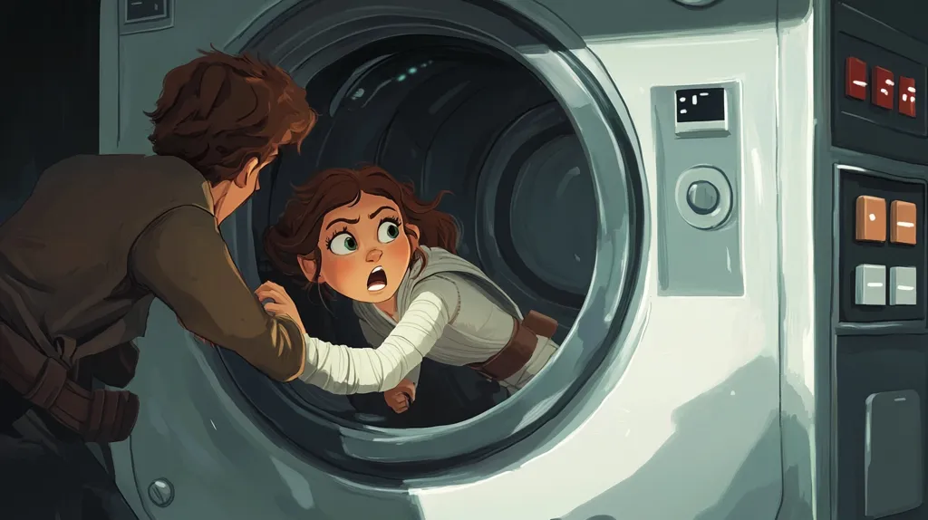 A young woman with brown hair, wearing a white and brown outfit, is trapped in a large, round metal object. Her face is filled with fear and desperation.  A man with short brown hair, wearing a brown jacket, is reaching towards her with a concerned expression. The object resembles a washing machine or dryer, with controls and buttons on the side. The scene is animated and stylized, with a whimsical and slightly comedic tone.