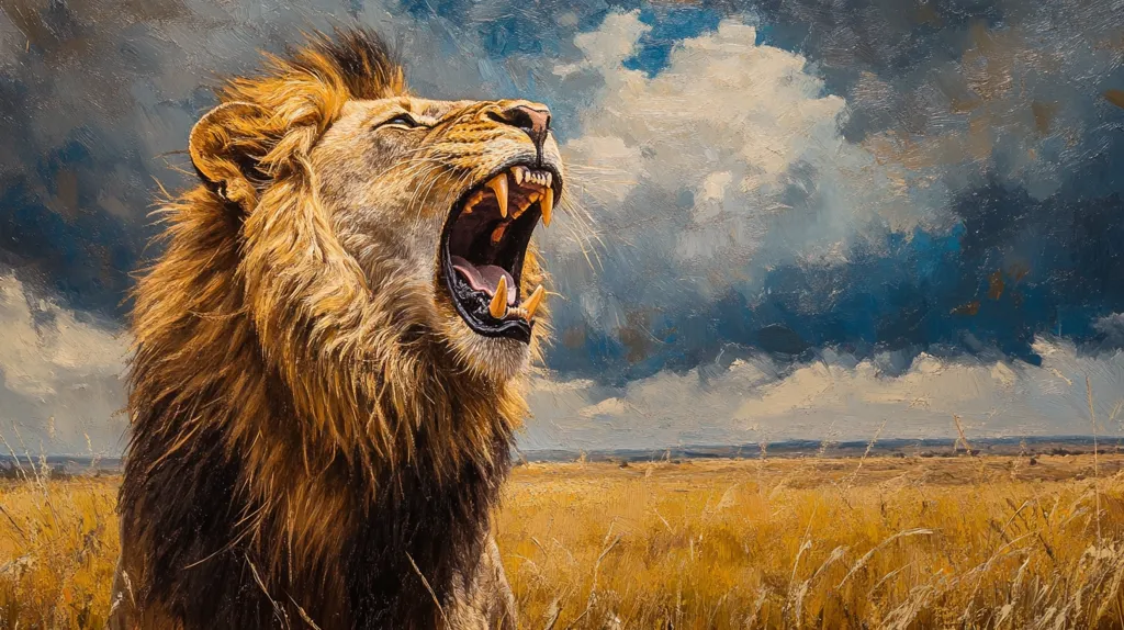 The image depicts a powerful lion with its mouth wide open in a roar. The lion's mane is thick and flowing, and its teeth are bared. The background shows a field of tall grass, with a cloudy sky above. The lion's roar seems to shake the ground beneath it.  The image is painted in a style that is both realistic and dramatic. It captures the raw power and beauty of the lion, and the majesty of the African landscape.