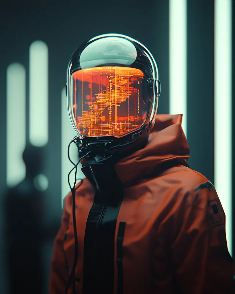 A person wearing a futuristic, orange jumpsuit and helmet stands in a dimly lit room. The helmet's visor displays a glowing orange grid pattern, suggesting advanced technology. The figure's pose and the surrounding environment create a sense of mystery and anticipation.  The overall aesthetic evokes a cyberpunk or sci-fi setting.