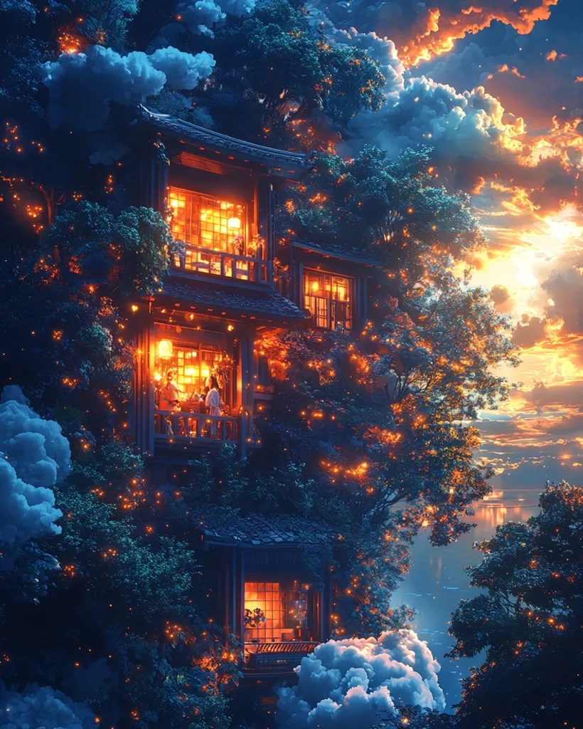 A cozy house nestled within a lush forest, illuminated by warm lights. Its windows glow, hinting at life within, while a dramatic sky with fiery clouds creates a magical ambiance. The scene is adorned with fireflies, adding a touch of enchantment. The house sits on a cliff overlooking a serene body of water, creating a sense of tranquility.