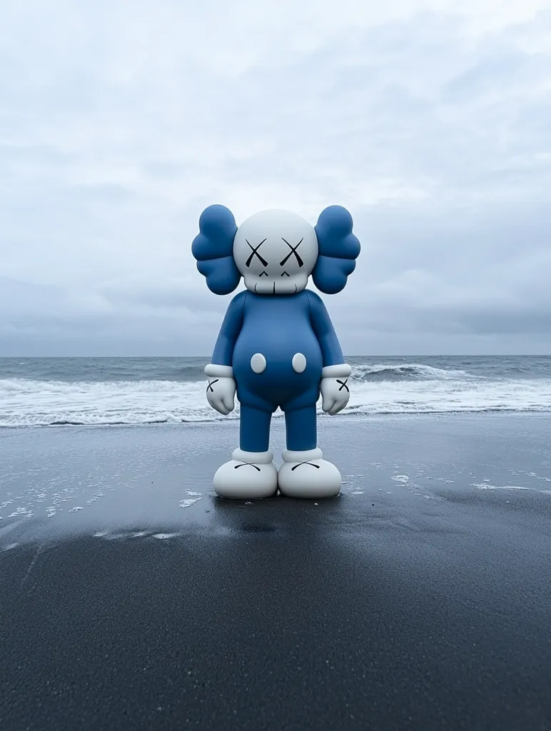A blue and white cartoon figure stands on a black sand beach. The figure has large ears, a skull-like face, and a blue jumpsuit. The waves of the ocean lap gently at the shore in the background, and the sky is a cloudy grey.  The scene is minimalist and stark, with the figure standing out against the monochromatic background.