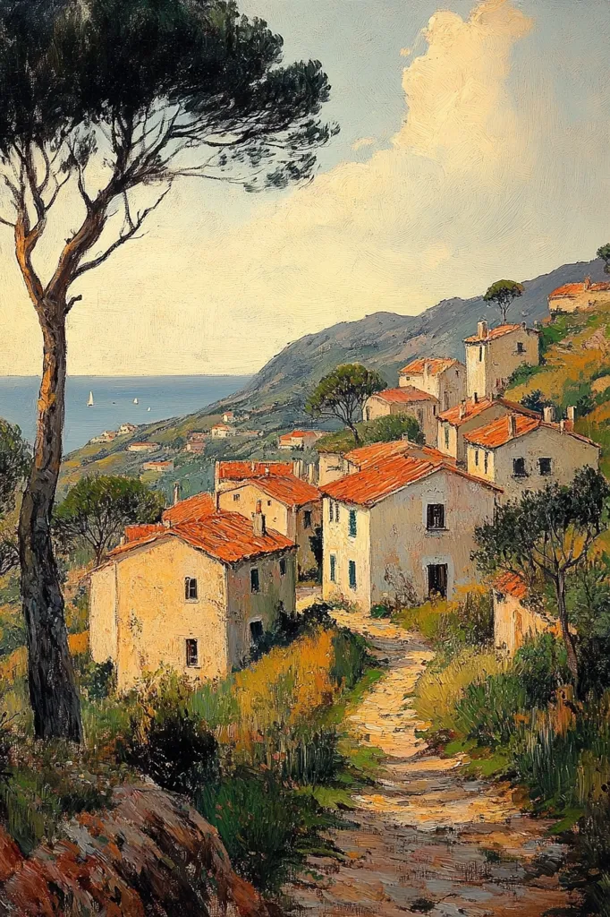 A quaint village nestled on a hillside overlooking a shimmering blue sea. The houses are white with red roofs, and a winding road leads up to them. A large pine tree in the foreground frames the view, its branches reaching out to the sky. The painting captures a peaceful and serene atmosphere, with soft lighting and a touch of romanticism.