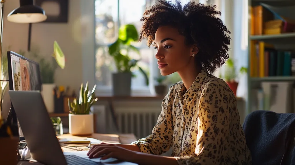 A young woman with curly hair sits at a desk in a home office, working on a laptop. She wears a floral blouse and is focused on her work. Sunlight streams through a window behind her, illuminating the room. A potted plant sits on the desk, adding a touch of nature to the workspace. The image captures a moment of focused productivity in a comfortable setting.