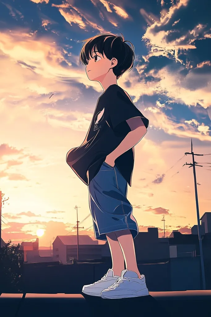 An anime-style illustration depicts a young man with short black hair standing on a rooftop, looking out at a sunset. The sky is filled with colorful clouds, and the cityscape behind him is silhouetted. He wears a black shirt, blue shorts, and white sneakers, creating a casual and youthful aesthetic.  The image evokes a sense of peace and contemplation as the man gazes at the horizon.