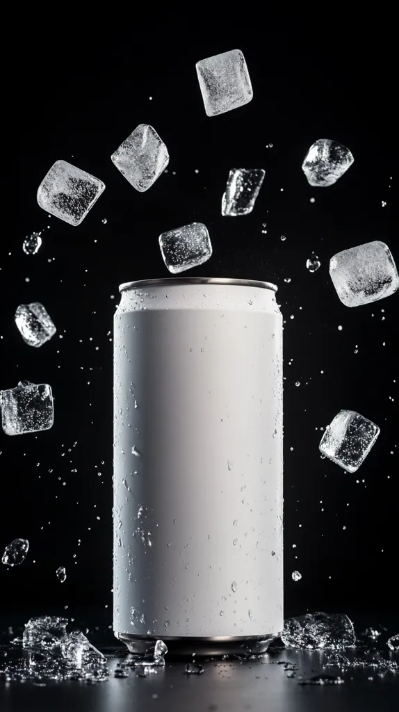 A white can, covered in water droplets, sits on a black surface.  Ice cubes are scattered around and some are falling from the top of the frame.  The scene is suggestive of a cold beverage and the act of refreshing oneself with a drink.
