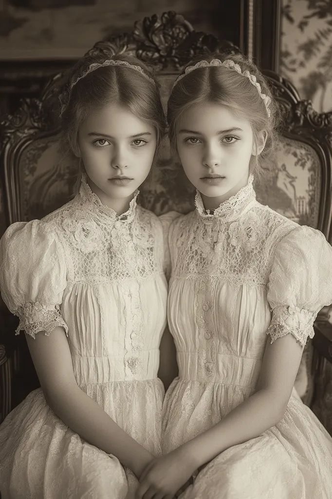 Two young girls, dressed in white lace dresses, sit side-by-side in a vintage chair. The girls have matching hairstyles and a similar serious expression on their faces. The image is shot in black and white and creates a timeless, elegant atmosphere. The ornate chair and the girls' attire add to the air of classic beauty and refinement.