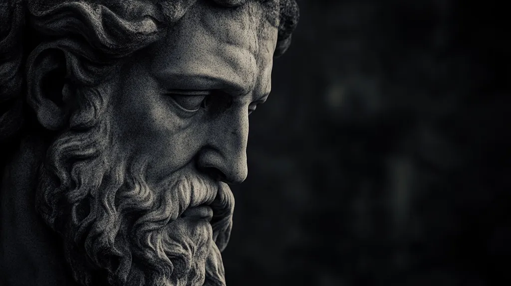 The image is a close-up of a stone sculpture of a man's face, with a long beard and a thoughtful expression. The sculpture is weathered and worn, with visible details in the hair and facial features. The background is dark and out of focus, emphasizing the sculpture's presence. The image evokes a sense of history, time, and contemplation.