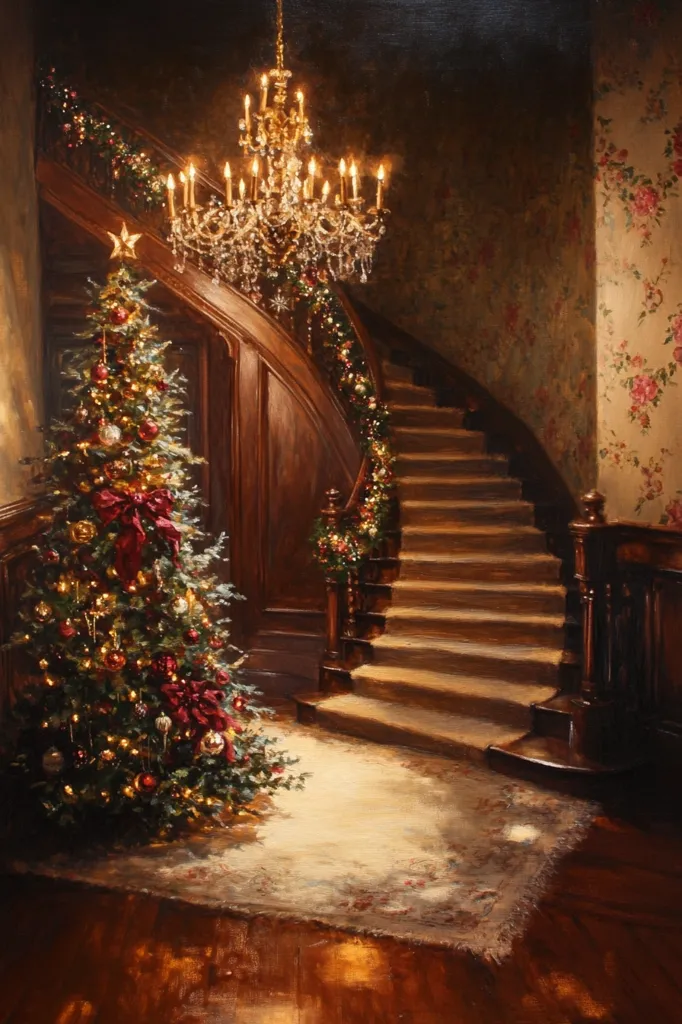 A grand, curved staircase with a Christmas tree at its foot leads up into a dimly lit room.  The staircase is adorned with garland, and a large chandelier hangs above. The room is decorated with floral wallpaper.  A soft light from the chandelier illuminates the scene, casting warm shadows on the walls and floor.  The image evokes a sense of timeless elegance and festive cheer.