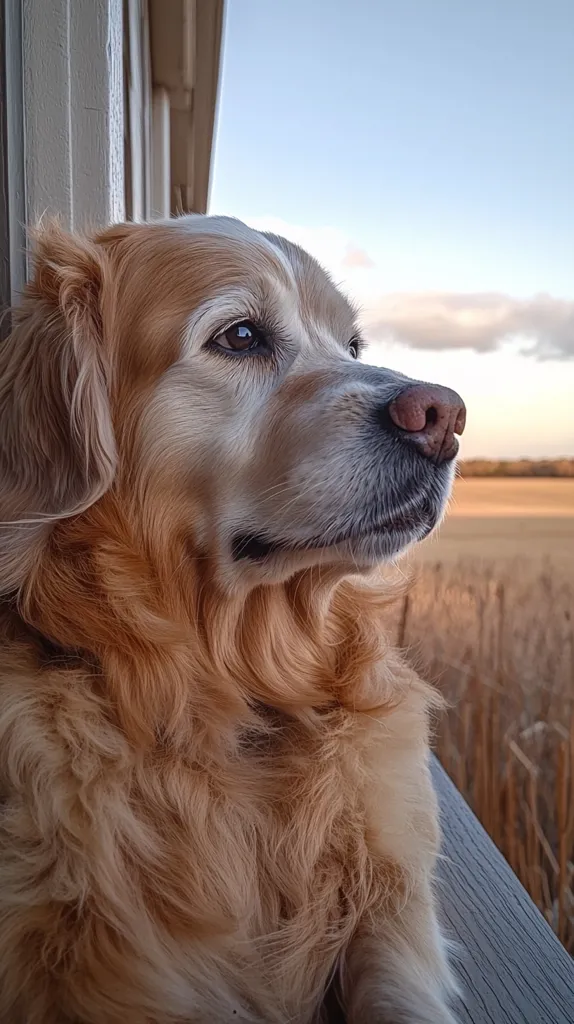 A golden retriever with a soft, fluffy coat gazes out from a window. The dog's head is turned to the right, eyes focused on something in the distance. Its fur is a blend of golden and white, and its face shows signs of age, with wrinkles around its eyes. The backdrop is a field of tall, dry grass, and a clear blue sky with a few clouds.  The scene evokes a sense of tranquility and quiet contemplation.
