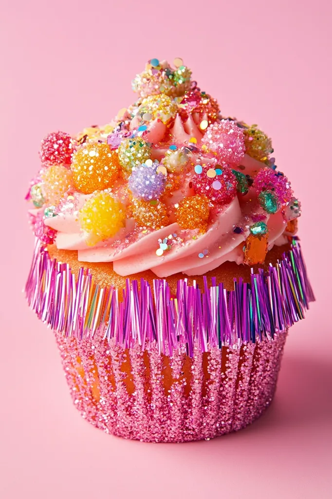 A pink cupcake decorated with a vibrant array of colorful sprinkles, sugar crystals, and iridescent glitter. It is topped with a swirl of pink frosting and adorned with a purple and iridescent fringe around the base. The cupcake sits on a pink background, creating a festive and celebratory image.