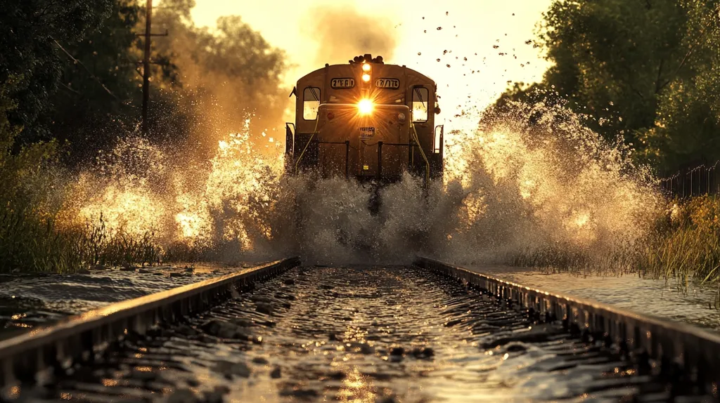 A train locomotive speeds through a flooded railroad track. The train is partially obscured by a spray of water as it roars past, with the setting sun shining behind it. The golden light creates a warm and inviting atmosphere. The tracks lead toward the horizon, creating a sense of movement and forward momentum.