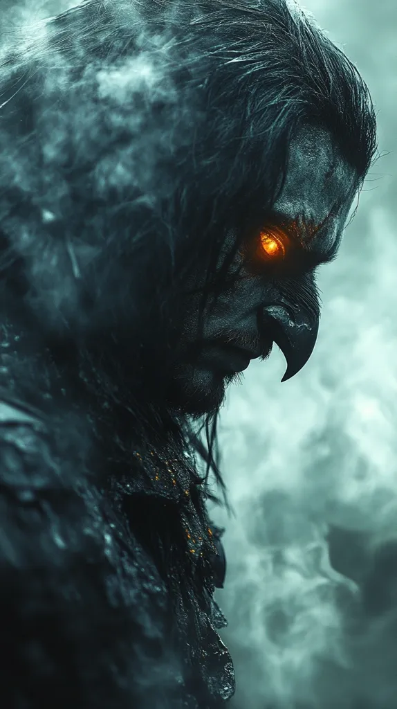 A dark, shadowy figure with long black hair and a beak-like nose stands shrouded in smoke. Their piercing, orange eye gleams with intensity. The figure is partially obscured by a hazy background, creating a sense of mystery and intrigue. The image evokes feelings of darkness, power, and the unknown.