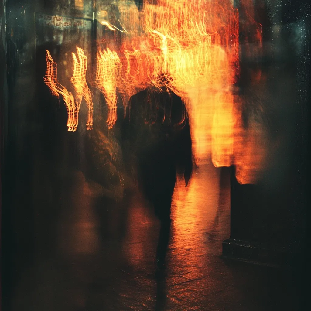 A blurred image of a person walking through a city at night, with bright orange and yellow lights reflecting off the wet pavement. The person's silhouette is barely visible, and the lights create an ethereal, almost dreamlike quality. The image is shot from a low angle, looking up at the person, emphasizing the feeling of being lost in the urban landscape.