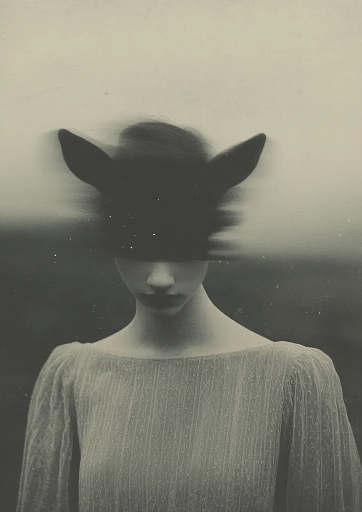 A woman with a blurry, dark silhouette of animal ears over her head, obscuring her eyes, looks down with a somber expression. She wears a textured, light-colored, long-sleeved dress. The background is a hazy, soft gray, contributing to the ethereal, mysterious atmosphere of the image. The overall effect is dreamlike and evocative.