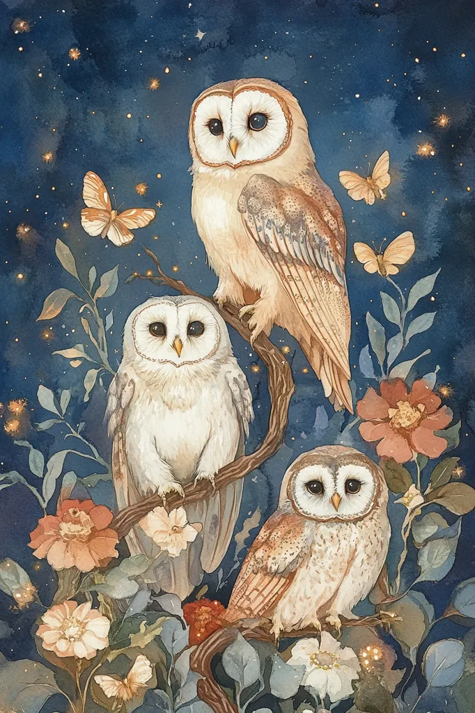 Three owls are perched on branches of a leafy tree under a starry night sky. The owls are painted in a watercolor style, with soft, muted colors. The leaves of the tree are a deep green, and the flowers are pink and white. The owls are looking at the viewer, with their large, round eyes.  The image is full of detail, and the overall feeling is one of tranquility and peace.  Butterflies are flitting around the owls.