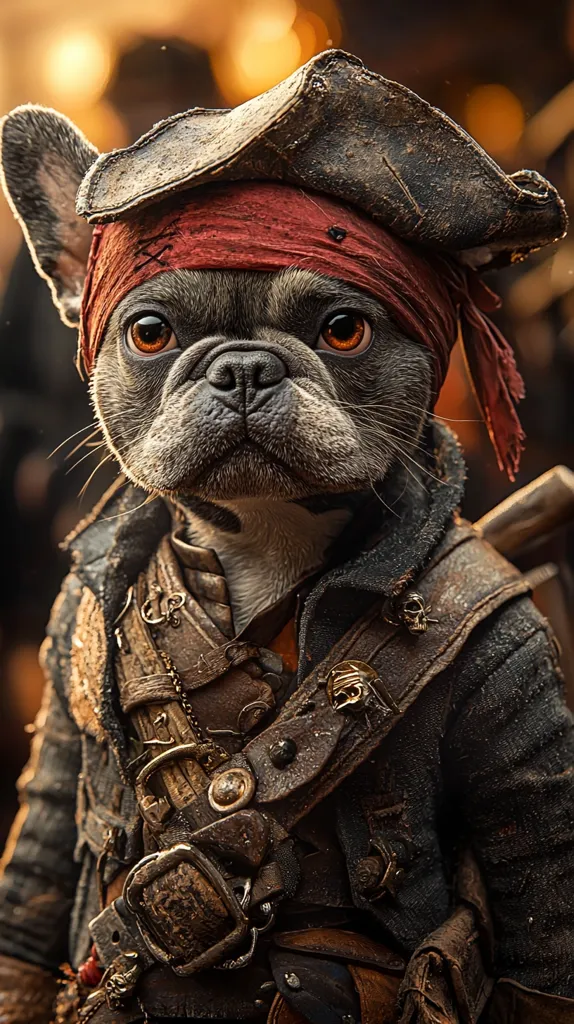 A French bulldog, dressed as a pirate, is staring intently at the camera. It is wearing a tricorn hat, a red bandana, and a leather jacket with a belt and buckles. The dog's fur is gray and black, and its eyes are brown. The background is blurry and out of focus.  The dog's expression is serious and determined, as if it is ready to set sail on a new adventure.  The image has a whimsical and humorous feel.