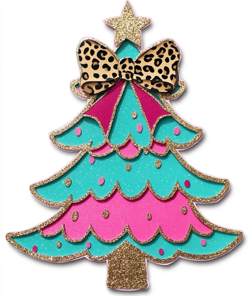 The image shows a Christmas tree ornament in the shape of a stylized Christmas tree. It is a turquoise and pink tree with a gold glitter finish. It is topped with a gold glitter star and a leopard print bow. The ornament is likely made of paper or cardboard.