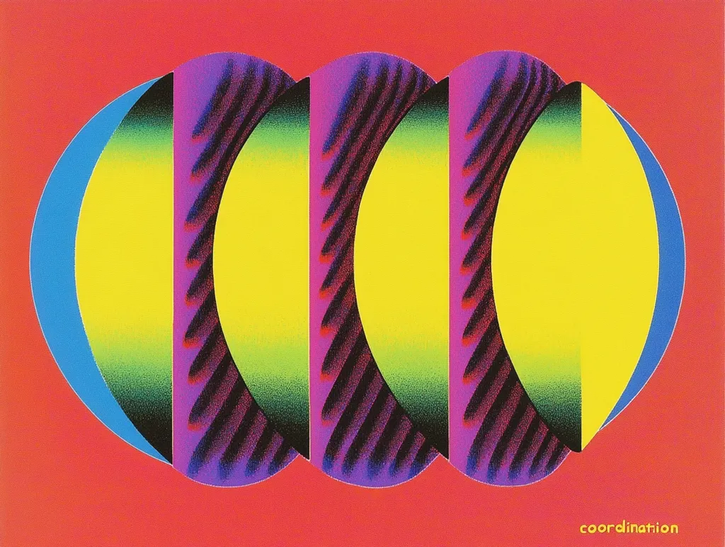 The image is a colorful abstract design. Three overlapping semicircles are layered against a bright red background. The shapes are yellow, blue, green, black, and purple.  The colors transition smoothly creating a rainbow effect. The word "coordination" is written in yellow at the bottom.
