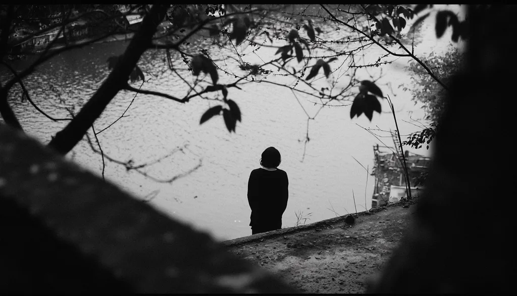 A lone figure stands at the edge of a lake, their silhouette obscured by a foreground of thick, shadowy branches. The branches frame the scene, their leaves creating a delicate veil across the image. The water is calm and reflective, hinting at a peaceful and contemplative moment. The overall tone is one of quiet solitude, the figure's presence adding a sense of mystery to the otherwise serene landscape.