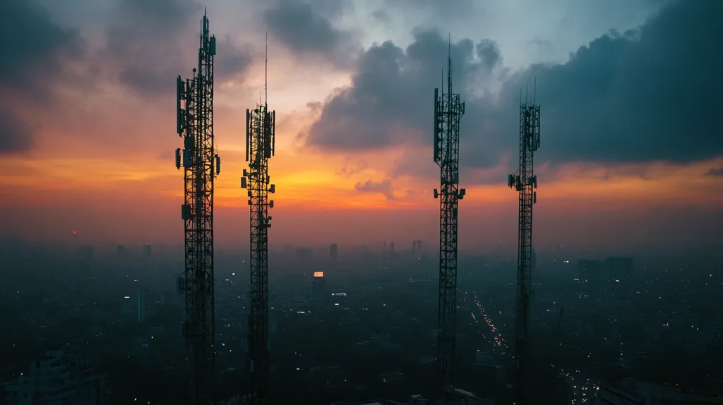 The image captures a city skyline at dusk, with four tall telecommunication towers standing silhouetted against a vibrant orange and purple sunset. The sky is a mix of dark clouds and clearing patches, creating a dramatic backdrop for the towers. The city lights are twinkling in the distance, creating a sense of urban life continuing even as the sun sets. The towers are a symbol of modern communication and technology, while the sunset represents the end of a day and the beginning of a new one. The scene evokes a feeling of peace and serenity, but also the constant hum of activity in the modern city.