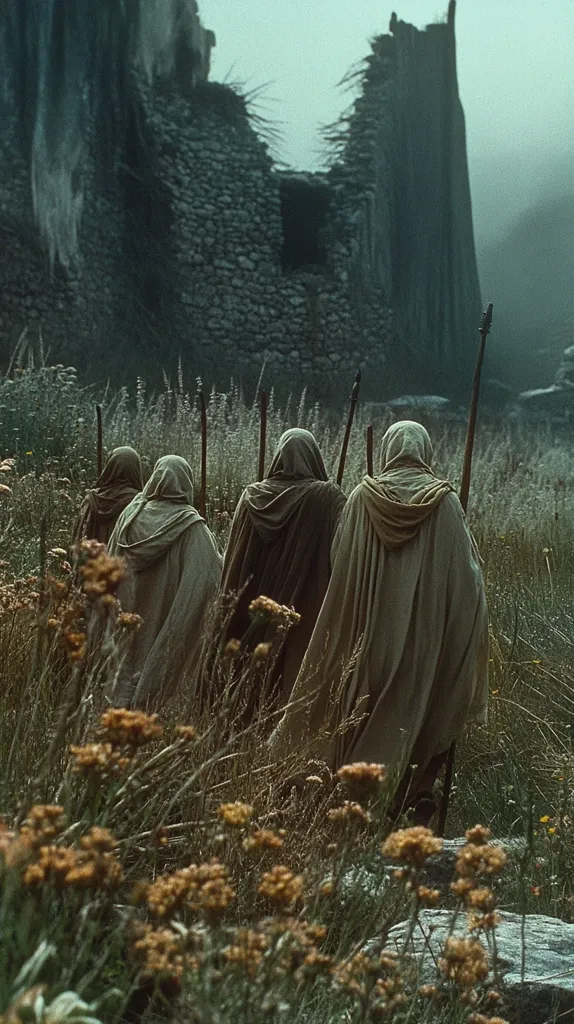 Four cloaked figures walk through a field of tall grass towards a ruined stone building. The figures are holding spears, and the building is partially obscured by fog. The scene is atmospheric and mysterious, with a sense of foreboding. The figures are dressed in simple, earthy tones, suggesting that they are a group of warriors or travelers on a journey. The tall grass and the ruined building create a sense of isolation and danger.