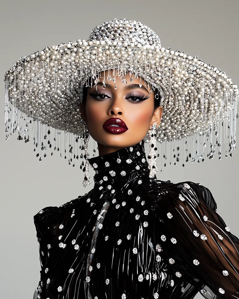 A woman with dark skin and dark hair is wearing a large, wide-brimmed hat adorned with pearls and dangling chains. Her hat is a striking contrast to her black, embellished blouse with a high, ruffled neckline. She wears bold makeup with red lips and dramatic eyeliner.  The image is likely a fashion photograph.