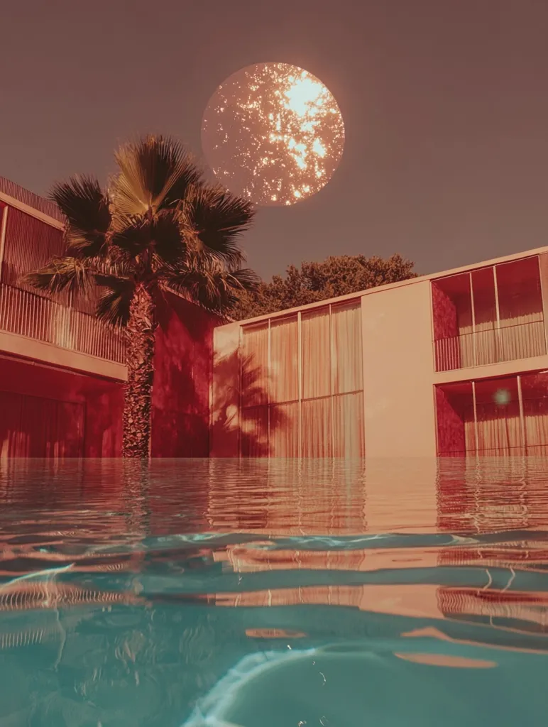 The image depicts a serene scene with a sparkling blue swimming pool in the foreground. A tall palm tree stands beside the pool, its leaves reaching towards a large, glowing orb in the sky, reminiscent of a sun. The pool reflects the surrounding architecture, a building with red and orange hues, creating a sense of warmth and tranquility. The overall effect is a vibrant and dreamlike atmosphere.