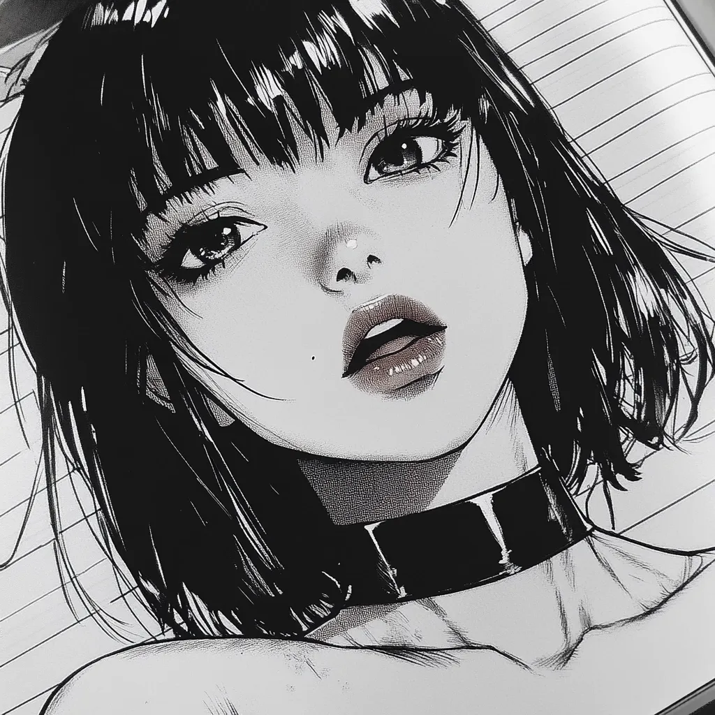 The image is a black and white drawing of a young woman with short black hair. She is looking up with a slightly parted mouth, revealing her teeth. She has a choker around her neck, and a small, faint freckle can be seen on her cheek. The drawing is detailed and realistic, with a focus on the woman's expressive eyes and lips.  The background is a simple, lined pattern.  The overall mood of the image is one of quiet contemplation and vulnerability.