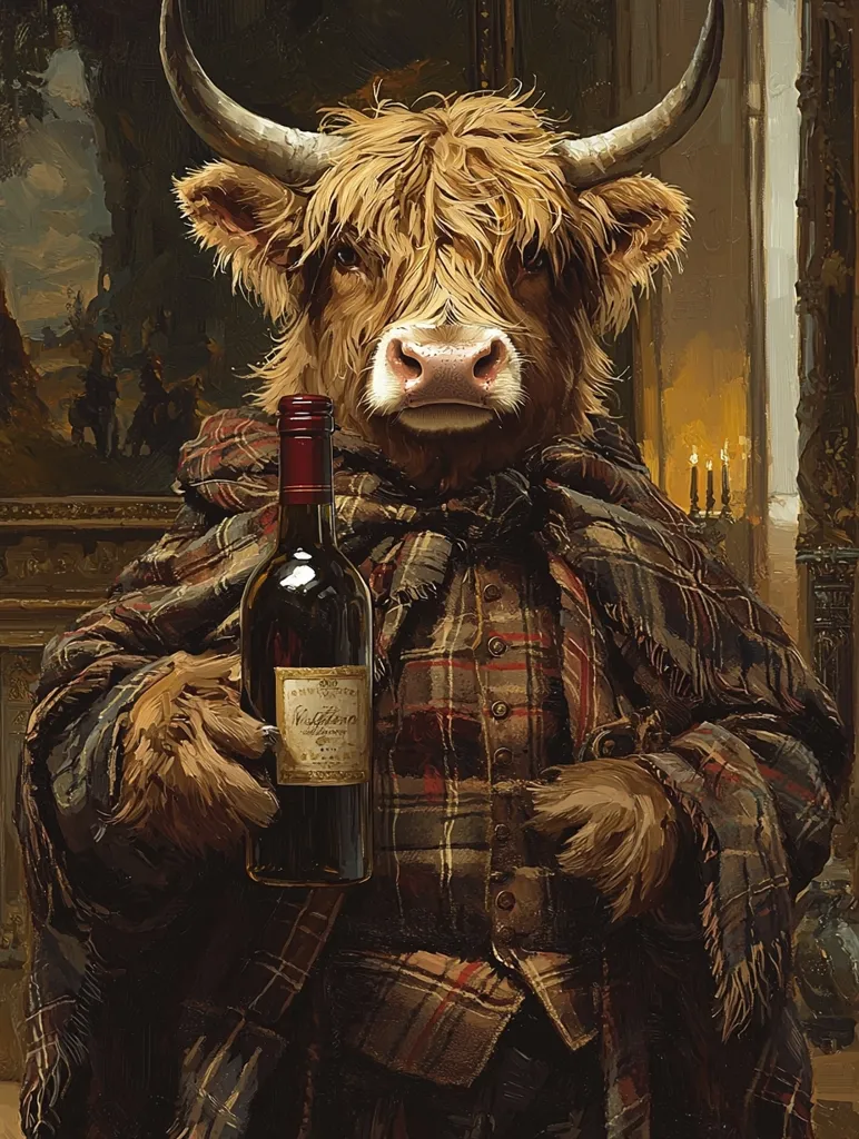 A Highland cow, dressed in a plaid jacket and kilt, holds a bottle of red wine.  The cow has a serious expression,  and the painting is set in a stately home,  with a fireplace and a candlelit scene in the background.  The cow is a symbol of Scottish heritage and tradition, and the painting captures the majesty and grandeur of the Highlands.  The presence of the wine adds a touch of sophistication and elegance.  Overall, the painting is a humorous and whimsical take on the classic portrait genre.
