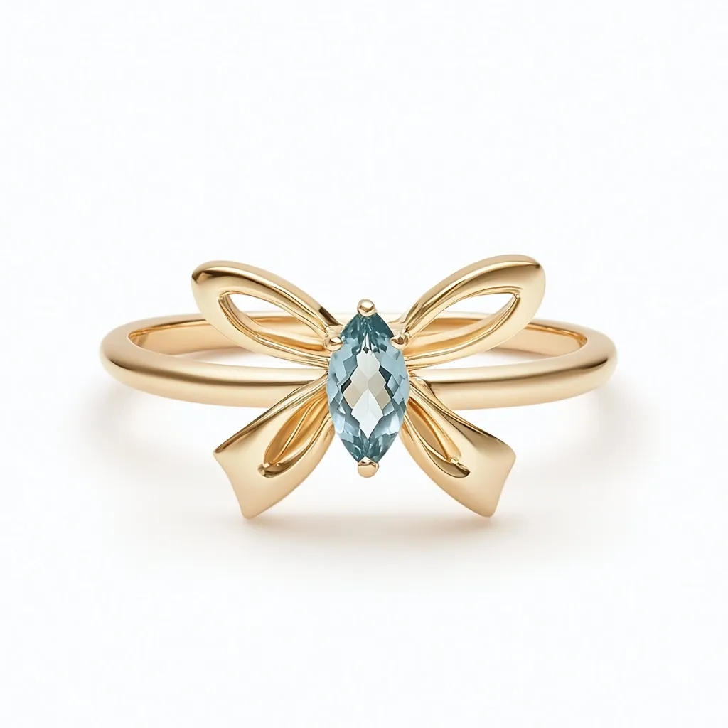 A gold ring with a delicate bow design. The center of the bow features a light blue marquise-shaped gemstone. The ring appears to be crafted with meticulous detail and has a simple, elegant style.