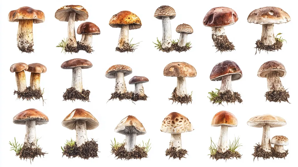 The image shows 18 different types of mushrooms, all with unique shapes and colors. They are arranged in three rows of six, set against a white background. The mushrooms are depicted in realistic detail, with their caps, stems, and even the surrounding soil meticulously rendered. Some of the mushrooms are small and delicate, while others are large and robust. The overall effect is one of natural beauty and diversity.
