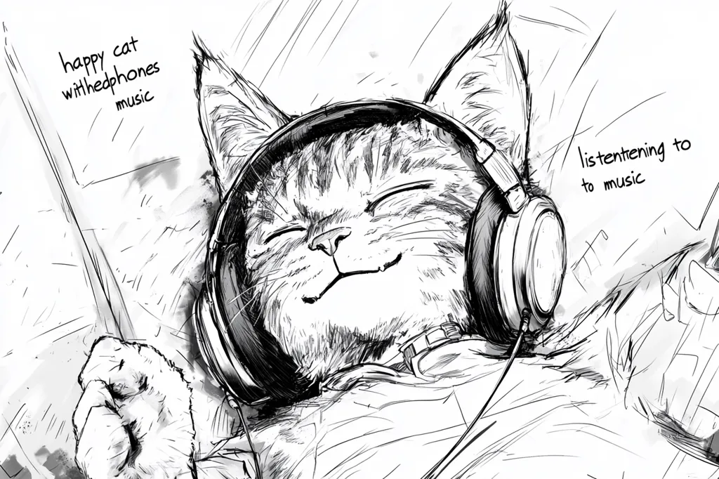 A black and white sketch of a cat wearing headphones. It has its eyes closed and a big smile on its face, suggesting it's listening to music and enjoying it. The text next to the cat reads "happy cat with headphones music" and "listening to music." The drawing is stylized and has a rough, scribbled texture.  The background is a scribble of lines and shading.