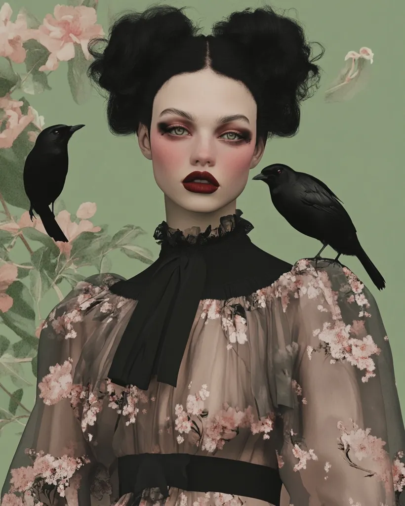 A woman with dark hair in two buns wears a black bow and a sheer floral dress. She has dark makeup, including red lips. Two black birds perch on her shoulder and the branches behind her. The background is a pale green.  The overall tone is mysterious and elegant.