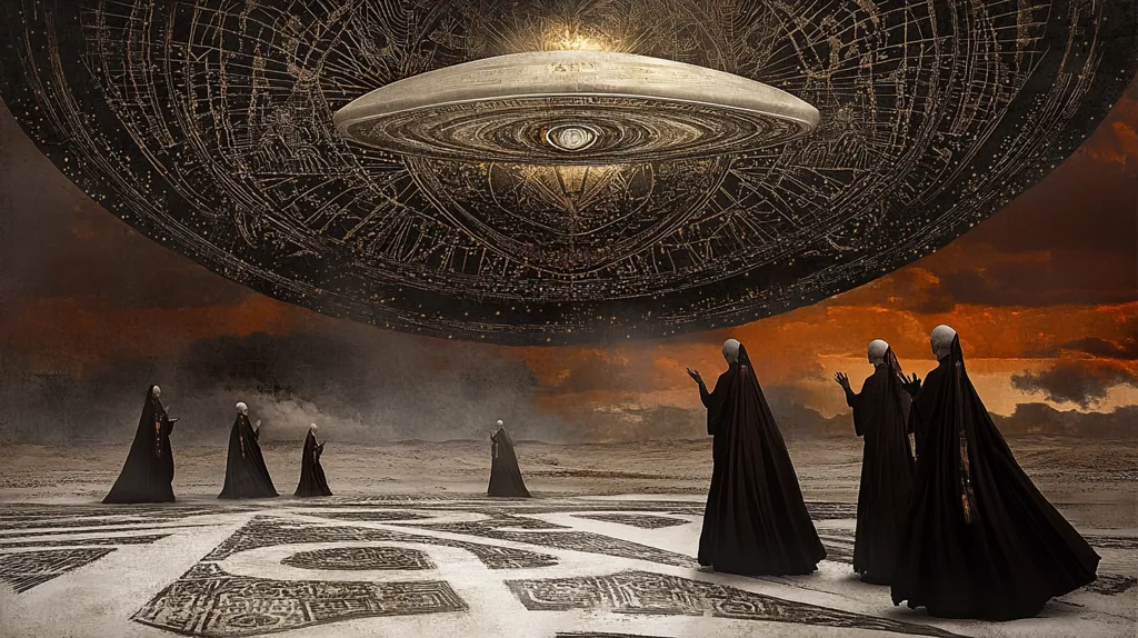 A large, circular spaceship, resembling a celestial map, hovers over a group of figures clad in black cloaks. They stand in a barren, desolate landscape, their heads bowed in reverence. The spaceship emits a radiant glow, illuminating the scene with an ethereal light.  The figures are silhouetted against the orange sky, creating a dramatic and mysterious atmosphere. The overall image evokes a sense of awe and wonder, hinting at the unknown and the possibility of otherworldly encounters.