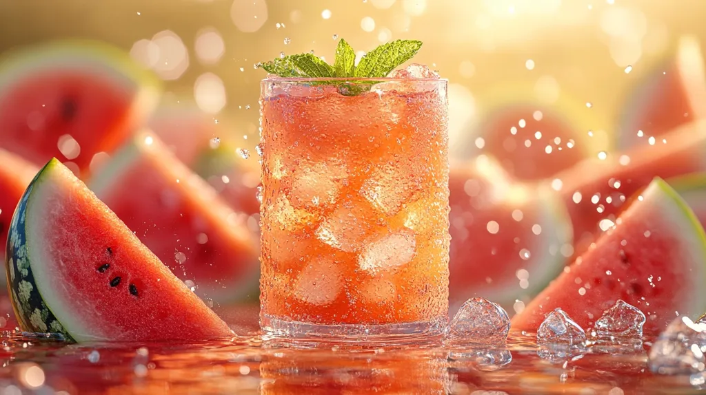 A refreshing glass of watermelon juice with ice and mint leaves sits in a pool of water, surrounded by slices of juicy watermelon. Water droplets and ice cubes create a cool, summery scene. The warm, golden light suggests a sunny day.  The image evokes a sense of summertime refreshment and enjoyment.