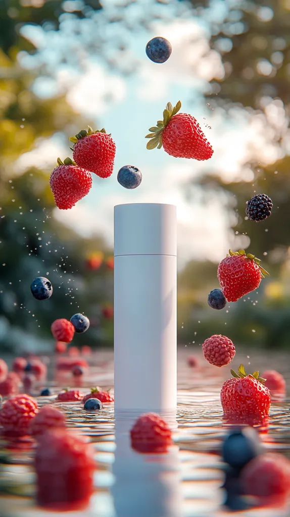 A white cylindrical bottle stands in the center of a shallow pool of water. Around it are various fruits, including strawberries, blueberries and raspberries.  Some of the fruits are floating on the surface, while others are suspended in mid-air.  The scene is set against a blurred background of green trees and sunlight. The image evokes a sense of freshness and natural beauty.