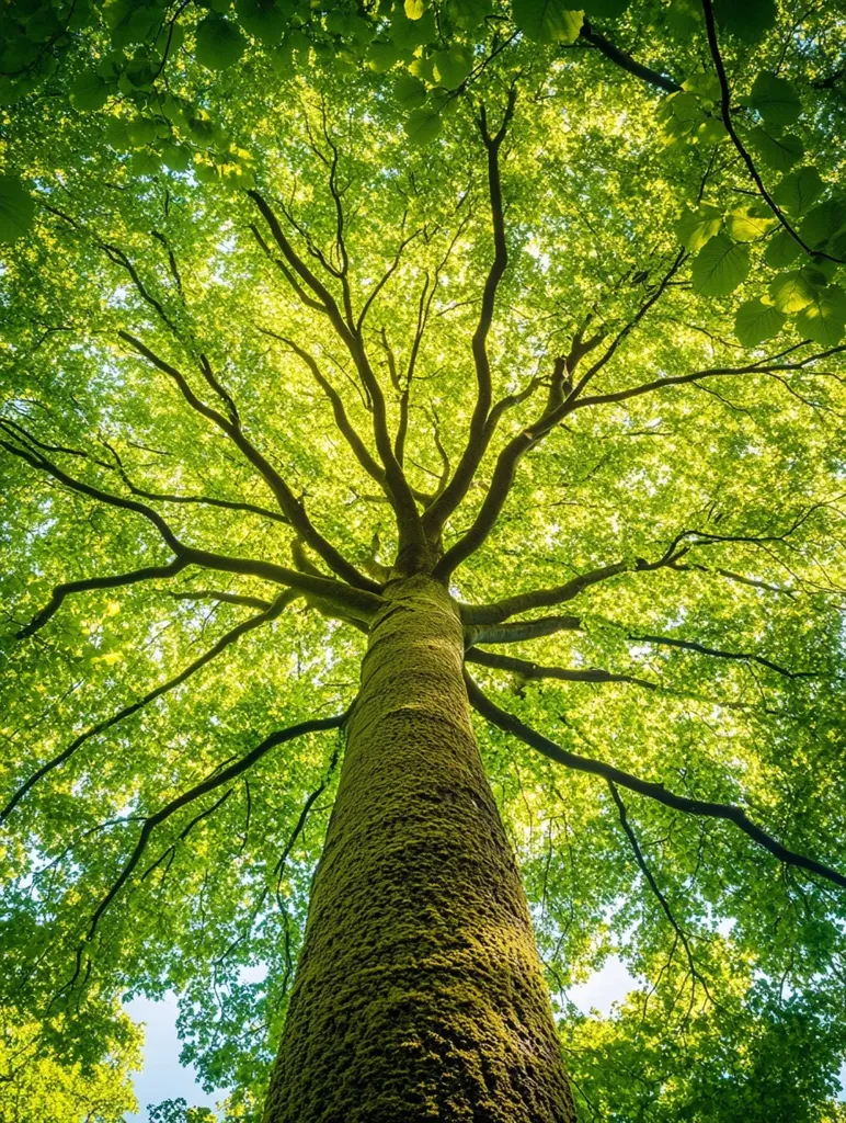 The image shows a large, sturdy tree with a thick trunk and a canopy of lush green leaves. Sunlight filters through the branches, illuminating the foliage and casting dappled shadows on the forest floor. The perspective is from below, looking up at the tree, creating a sense of awe and wonder. The scene exudes a peaceful and tranquil atmosphere, showcasing the beauty and majesty of nature.